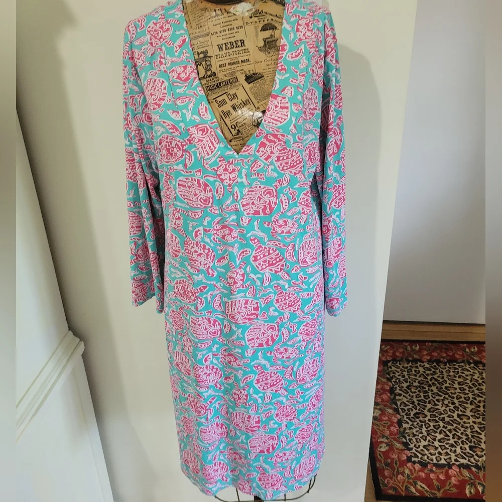Elegant V-Neck Long Sleeve Dress - Pink and Blue XL - Picture 2 of 5